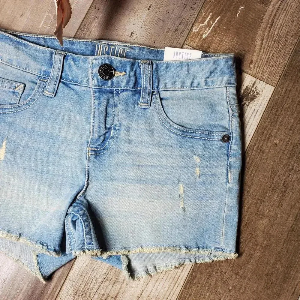 NWT Justice Girls Raw Hem Distressed Denim Shorts Size 10 Light Wash